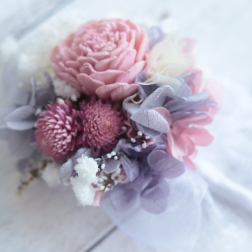 ガーベラピンク　リースブーケ　ブートニアセット ガーベラのリースブーケ ブートニア ブライダル ウェディング