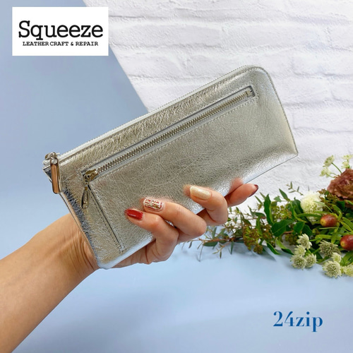 薄くて軽くて大容量なL字長財布 14枚カードポケット シルバー箔 長財布