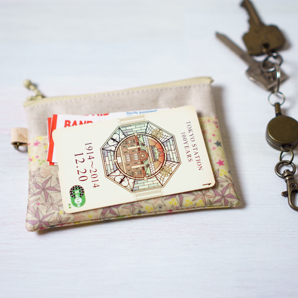 カードポーチ Puff（パフ）グレイッシュピンク×アイボリー　リバティラミネート生地 4枚目の画像