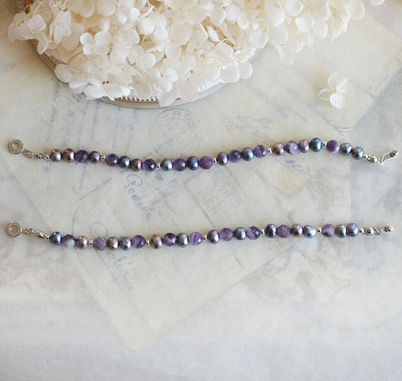 二月石 *條紋紫水晶和淡水珍珠手鍊 [M 尺寸] 第3張的照片