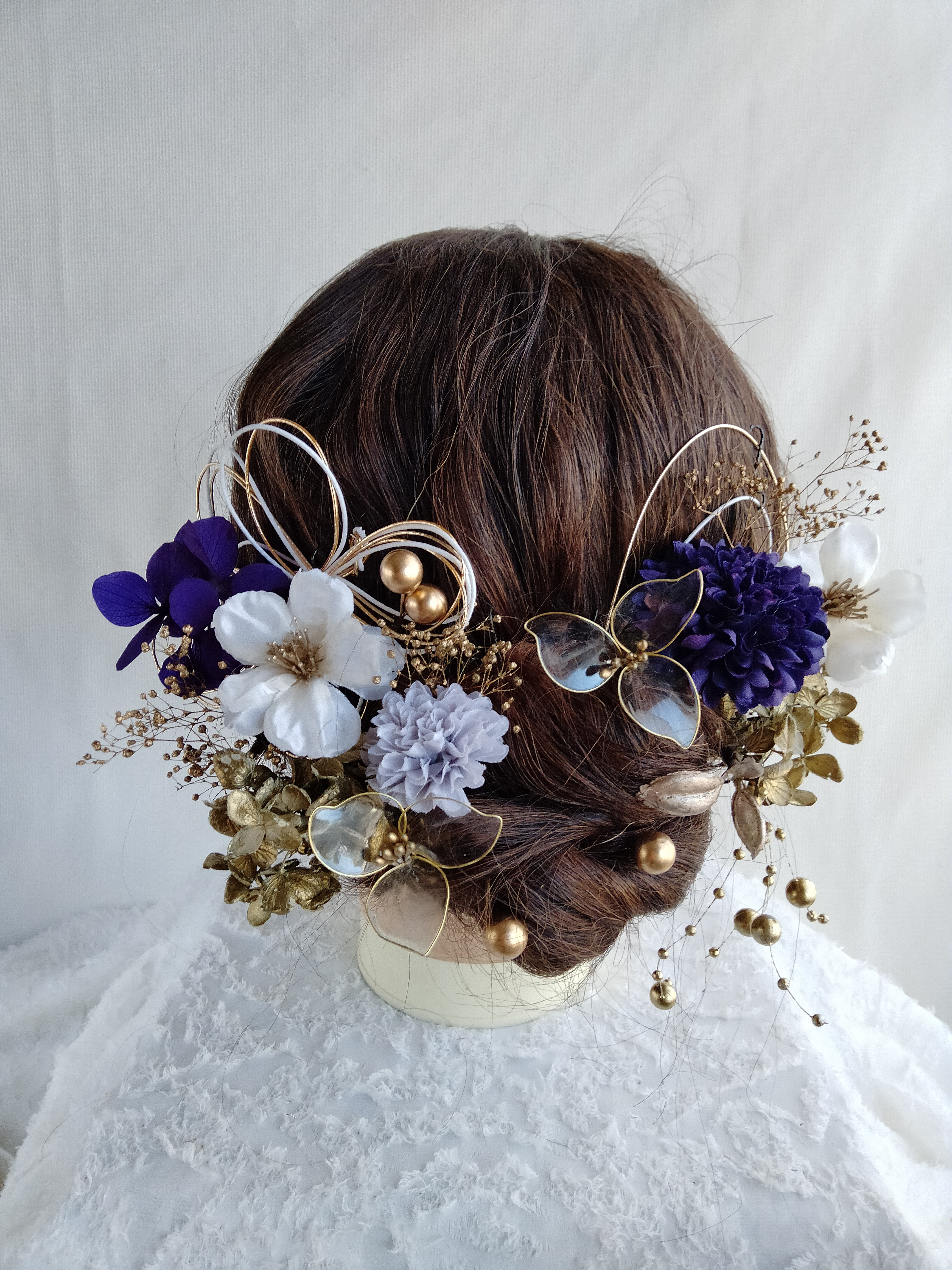 クリアフラワーと水引の林檎の花髪飾り　アメリカンフラワー　紫　むらさき　ムラサキ　パープルゴールド　水引き　水引アレンジ