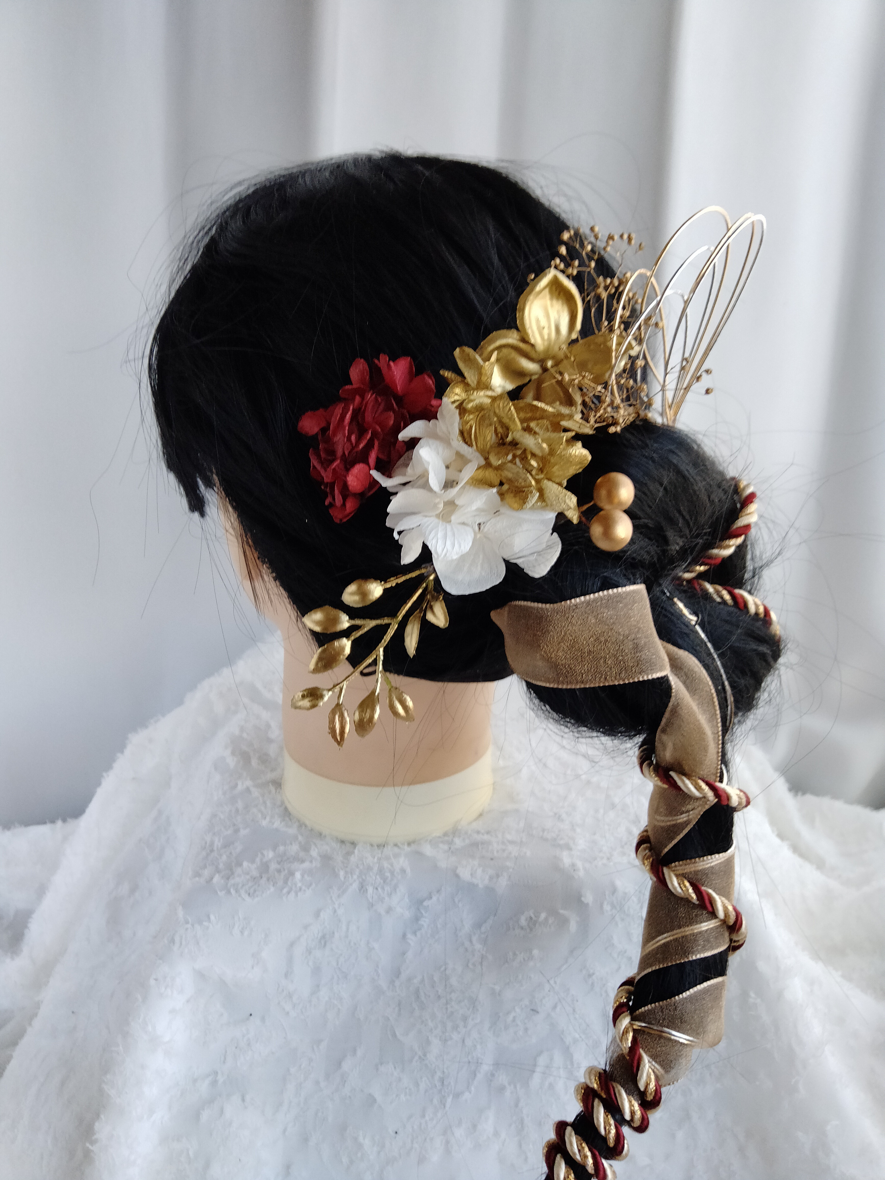 水引×リボンの和装髪飾り　赤金　レッドゴールド　オーガンジーリボン　りぼん　髪飾り　髪かざり　成人式　成人式髪飾り　振袖