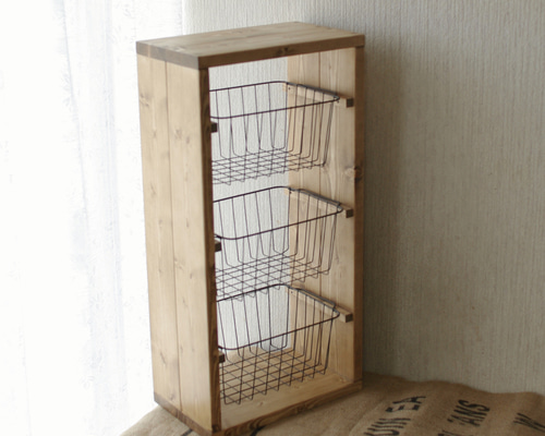 ワイヤーバスケット3段シェルフ【handmade】ウォルナット色 ワイヤーバスケット ラック 3段 ダークウォルナット シェルフ 棚