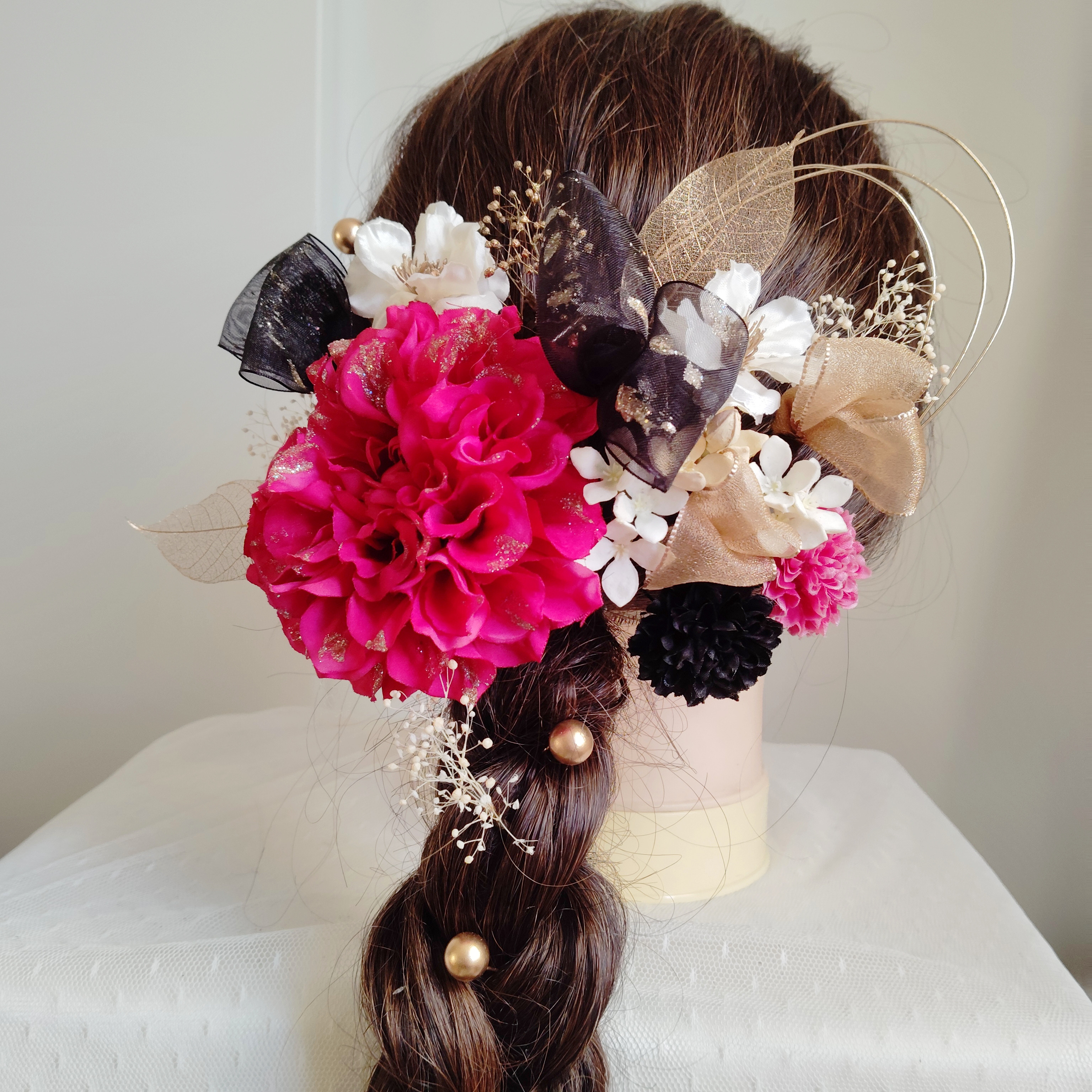 オーガンジーリボンと水引きの髪飾り　結婚式　卒業式　成人式　 髪飾り 　和装　花嫁　白無垢　色打掛　振袖　袴　着物