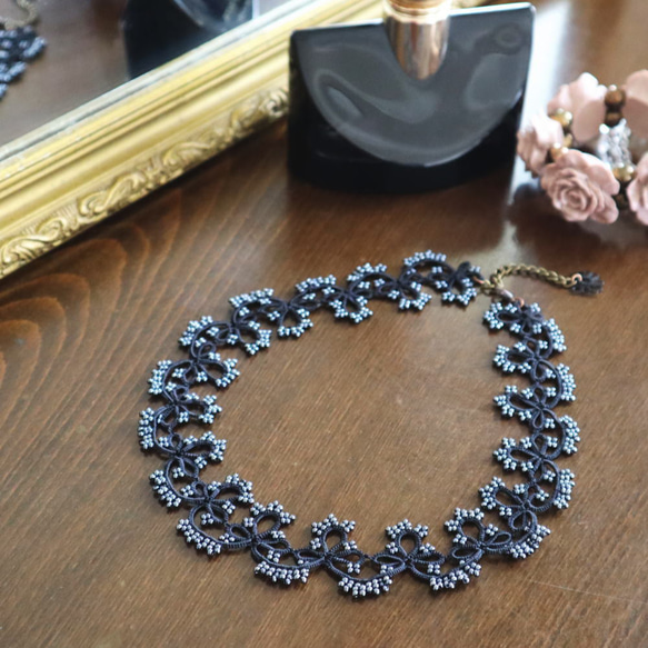 OYA Tatting lace 40cm necklace [GRACE] Smokey Black 第3張的照片