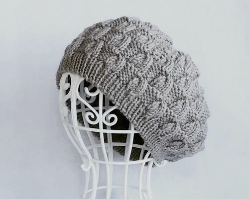 ゆったりニット帽子 手編み ライトグレー ニット帽・ビーニー