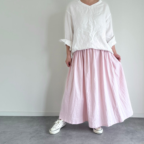 夏にさらりと快適♪人気色♪cottonリネンのギャザースカート 桜