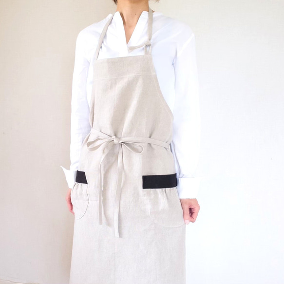 【ペア】リネンのリネンのエプロン　ハンドメイド 上質なヨーロッパリネン＊バイカラーエプロン （親子お揃い