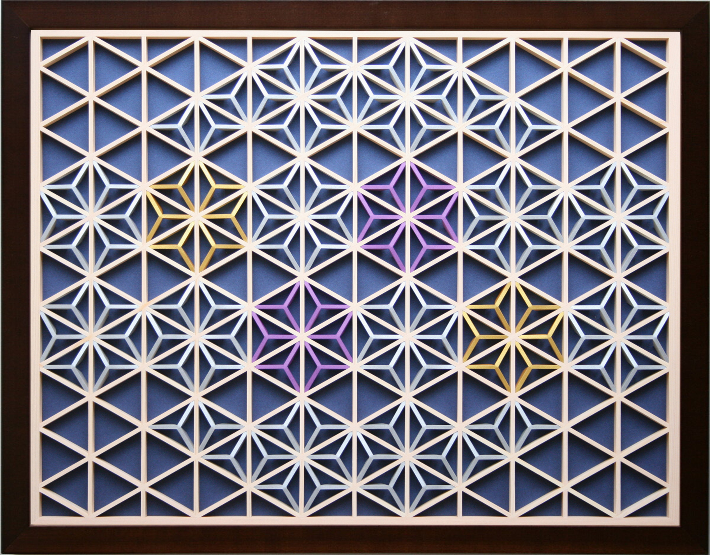 組子アートパネル 【切子調　青に紫２点】 和風インテリアパネル