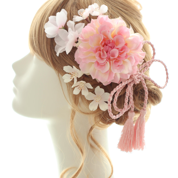 ヘッドドレス 桜 ダリア 髪飾り ヘアアクセ フラワーヘッドパーツ 結婚式 ウェディング ブライダル 成人式 卒業式　 5枚目の画像