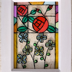 花のモチーフ ステンドグラス 木製フレーム ステンドグラス 壁掛け 薔薇 フレーム：ブラウン (SH-PS01) 幅