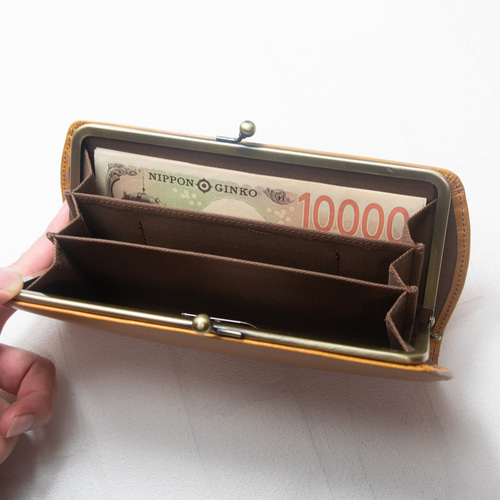 ふわ軽♪アンティーク調ガマグチ 高級ムラ染め姫路レザー がまぐち 長