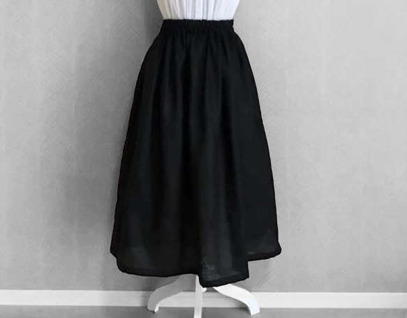 育てるリネン (黒) ◇中厚 リネン100％  ギャザースカート