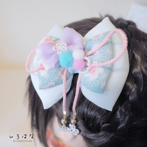 和風リボン 髪飾り 七五三 ひな祭り 水色/ピンク ヘアクリップ M 雑貨