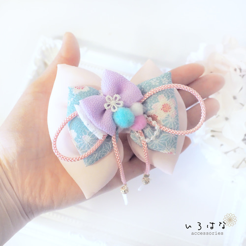 和風リボン 髪飾り 七五三 ひな祭り 水色/ピンク ヘアクリップ M 雑貨