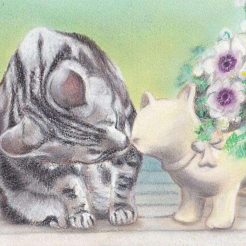 【原画】『種を蒔くカドゥケウス』（猫　植物　パステル画） ミニ原画・パステル画ましかく・下島みちこ/絵画・額縁・猫・花