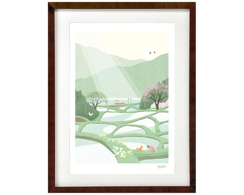 額装絵画【ワイド四切】棚田の春 ※他サイズ、フレーム色変更可（白