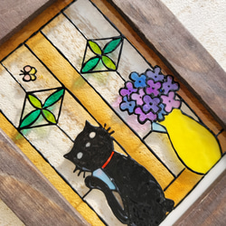 送料無料*ステンドグラス風フレーム*猫とステンドグラスの窓辺･黒猫･ハンドメイド♪ 3枚目の画像