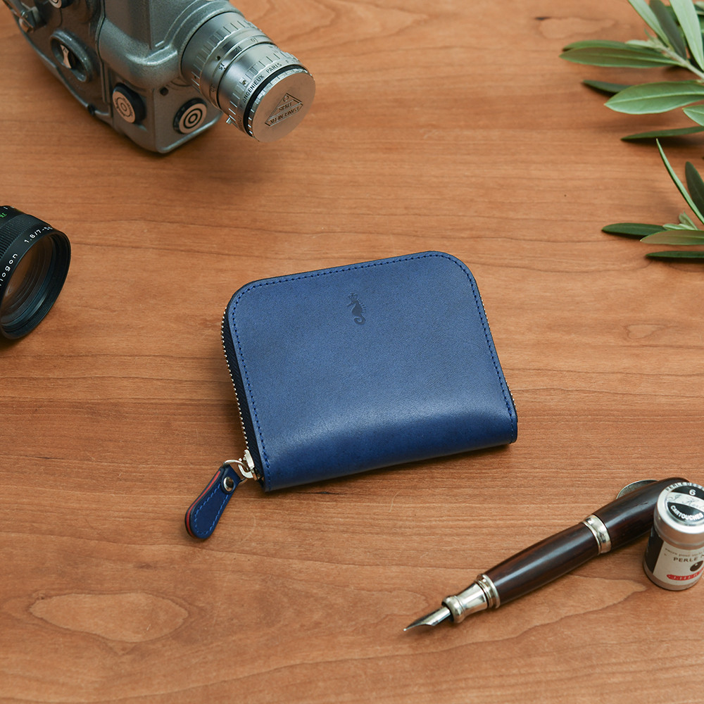 藍染 総本革 ミニ財布 コンパクト ラウンドファスナー Sサイズ シンプル ユニセックス 経年変化