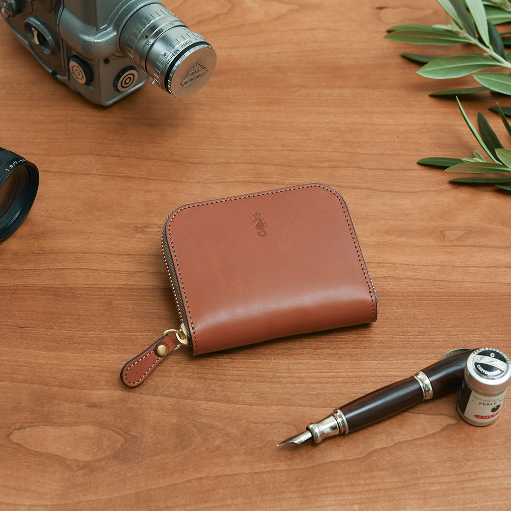 イタリア製総本革 ミニ財布 コンパクト ラウンドファスナー Sサイズ ブラウン シンプル ユニセックス 経年変化