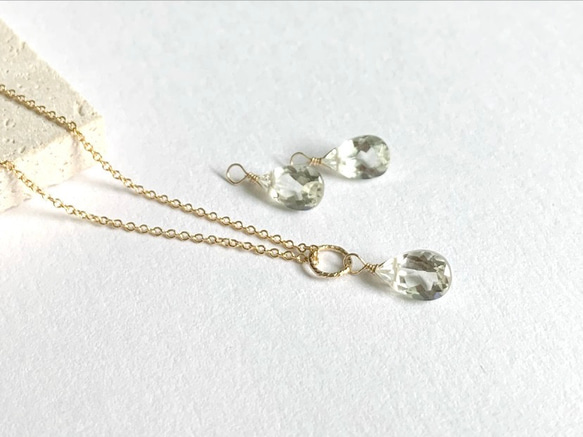 【天然石チャーム】宝石質グリーンアメジスト　14kgf 　1個　ハンドメイド素材 2枚目の画像