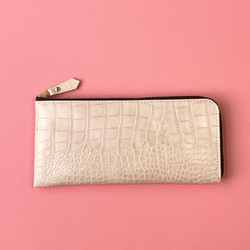 牛革のスリムな長財布　Ｌ字型　クロコダイル型押し　さくらホワイト 7枚目の画像