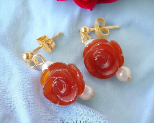 14K 珊瑚 ピアス 薔薇 Key of Life☆赤珊瑚の薔薇☆ピアス/イヤリング（金属アレルギー