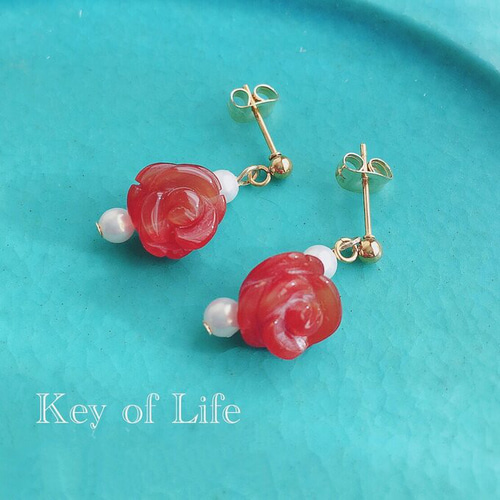 14K 珊瑚 ピアス 薔薇 Key of Life☆赤珊瑚の薔薇☆ピアス/イヤリング（金属アレルギー