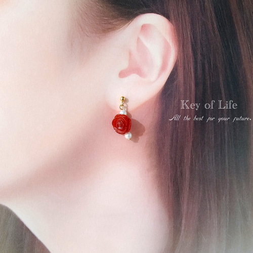 14K 珊瑚 ピアス 薔薇 Key of Life☆赤珊瑚の薔薇☆ピアス/イヤリング（金属アレルギー