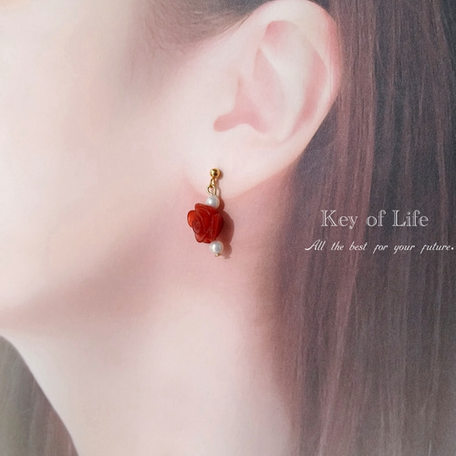 14K 珊瑚 ピアス 薔薇 Key of Life☆赤珊瑚の薔薇☆ピアス/イヤリング（金属アレルギー