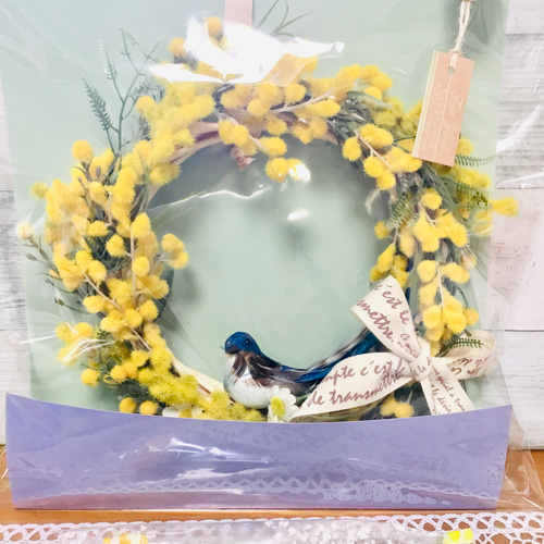 受注販売✨ミモザ幸せの青い鳥付きリース アートフラワー