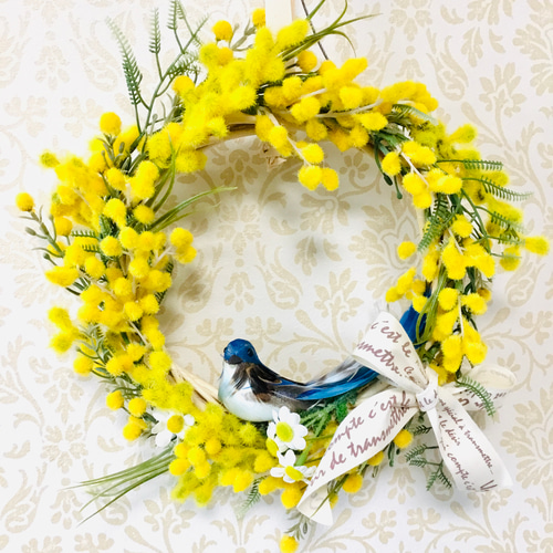 受注販売✨ミモザ幸せの青い鳥付きリース アートフラワー