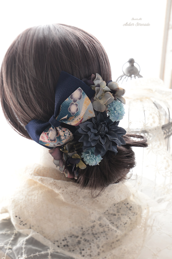 はいからリボン＆アンティークフラワーのヘッドドレス -Navy Dahlia & Retro ribbon 4枚目の画像