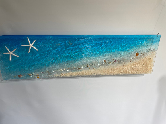 壁掛けアートパネル 海  ブルーシーのビーチ スターフィッシュ  貝殻90×25 2枚目の画像