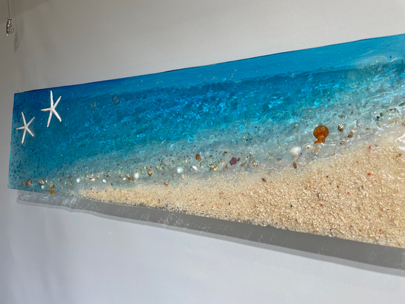 壁掛けアートパネル 海  ブルーシーのビーチ スターフィッシュ  貝殻90×25 3枚目の画像