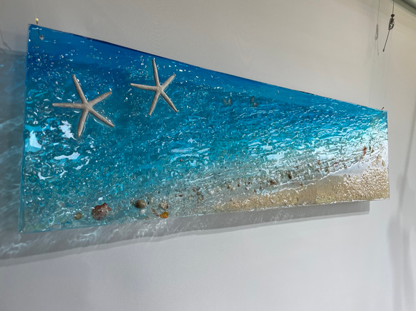 壁掛けアートパネル 海  ブルーシーのビーチ スターフィッシュ  貝殻90×25 4枚目の画像