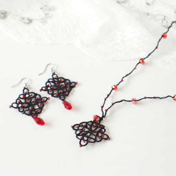 OYA Tatting lace 50cm necklace [RHOMBUS] Black 第4張的照片