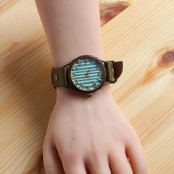 國產Kyochiyogami錶盤條紋綠色WJ-004 L尺寸MADE IN JAPAN手工手錶chi木皮革 第2張的照片