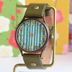 國產Kyochiyogami錶盤條紋綠色WJ-004 L尺寸MADE IN JAPAN手工手錶chi木皮革 第1張的照片