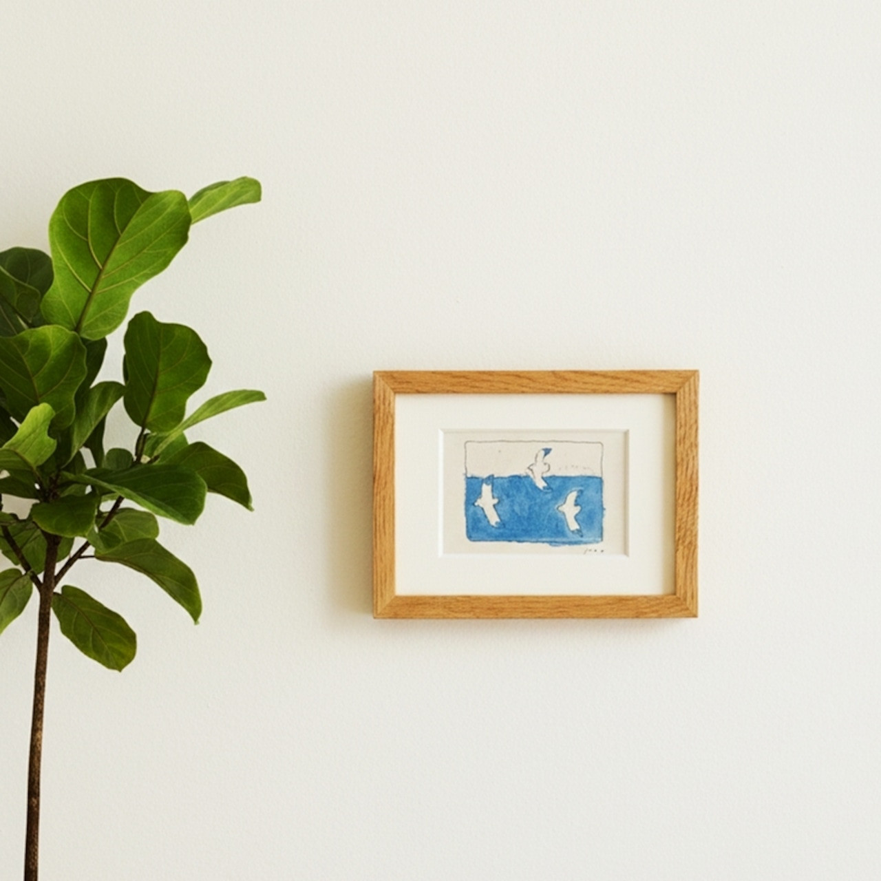 「海とカモメ」原画 イラスト ※木製額縁入り（2Lサイズ）水彩 ドローイング　インテリアアート