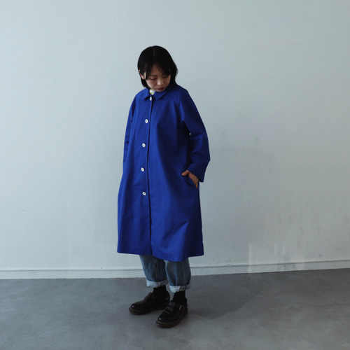 チノクロス コート ブルー 裏地無し、パイピング仕様 ※コート生地の色