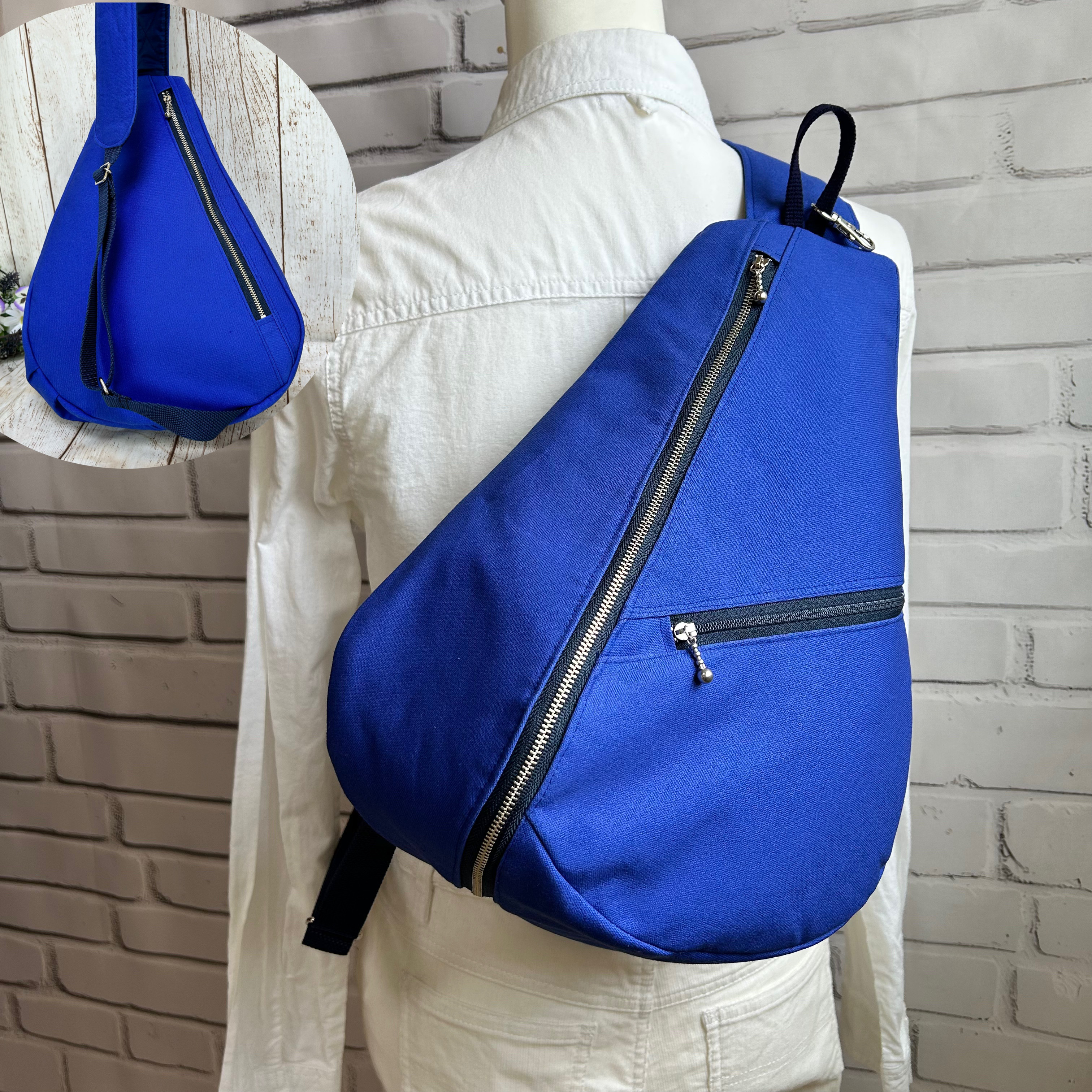 背面ファスナーポケット付き　しずく型　ワンショルダーバック　ボディーバック　長さ調節可能　コバルトブルー