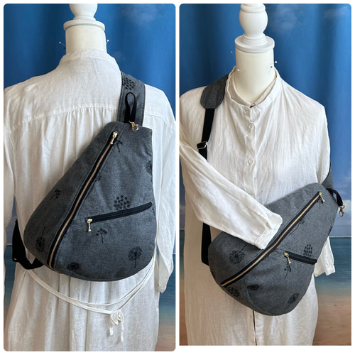 高見え刺繍 背面ポケット付き 軽量 しずく型 ワンショルダー