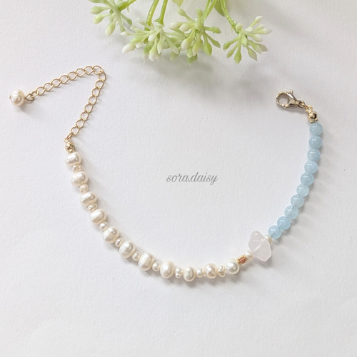 淡水パール・アクアマリン・ローズクォーツの華奢な天然石