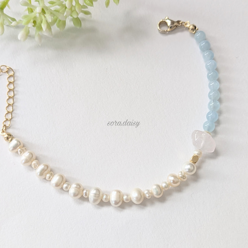 淡水パール・アクアマリン・ローズクォーツの華奢な天然石