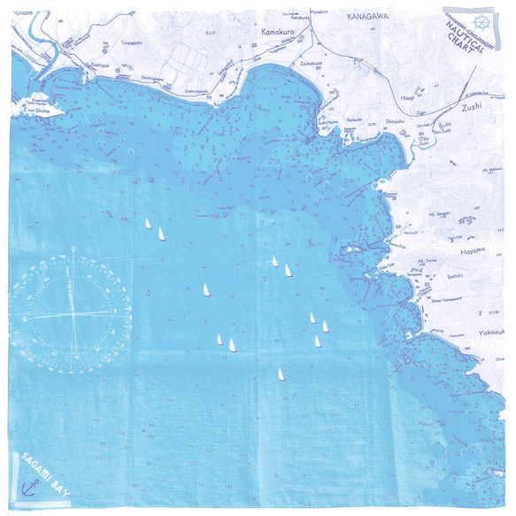 大好きな海を身に着けよう。マップスカーフ　江の島・逗子・葉山・長者が崎海図 『晴れやかブルー2024』 2枚目の画像