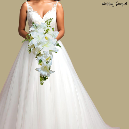 受注後制作作品】白ユリと白バラのキャスケードブーケ ブートニア