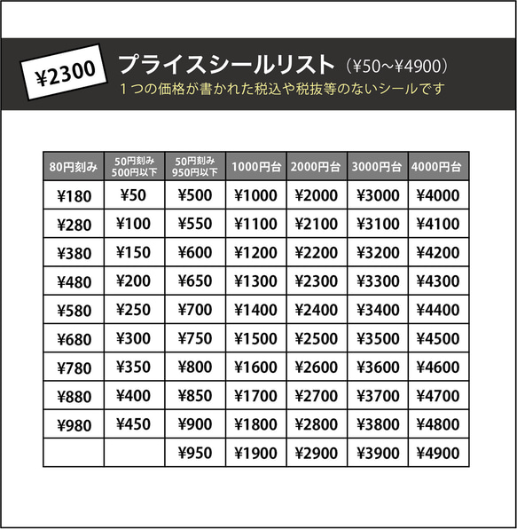 プライスシール（透明×黒文字） 【50円〜10000円から1種選択】 200枚 5×10㎜ 値段シール 5枚目の画像