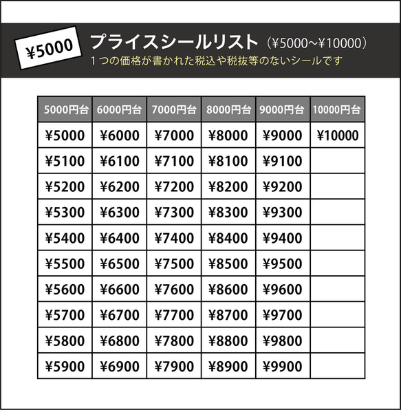 プライスシール（透明×黒文字） 【50円〜10000円から1種選択】 200枚 5×10㎜ 値段シール 6枚目の画像