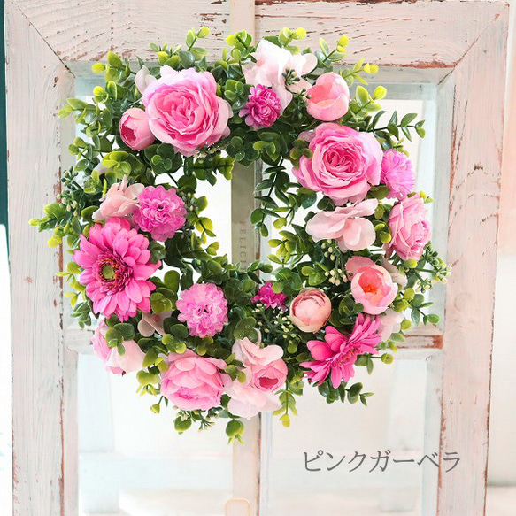 リース(造花) 玄関に　贈り物　ギフト　永遠の象徴♪　ピンク系　004 1枚目の画像